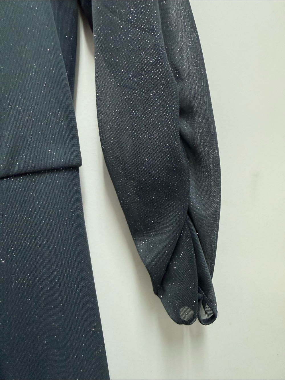 Alex Evenings Charcoal Sparkle Wrap-Front Long Sleeve Gown With Sheer Sleeves - Picture 13 of 14